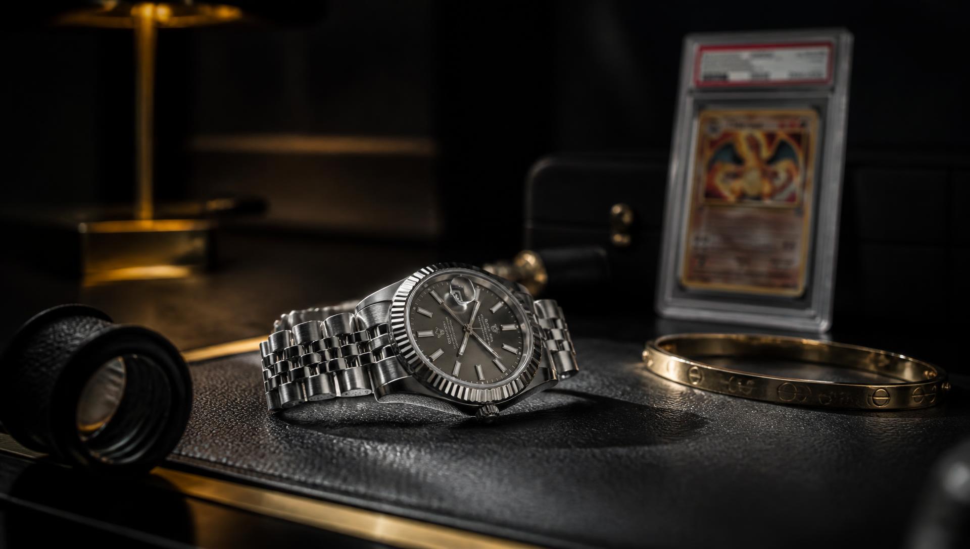 Steel luxury watch, yellow gold bangle and a graded trading card slab on a dark authentication desk
